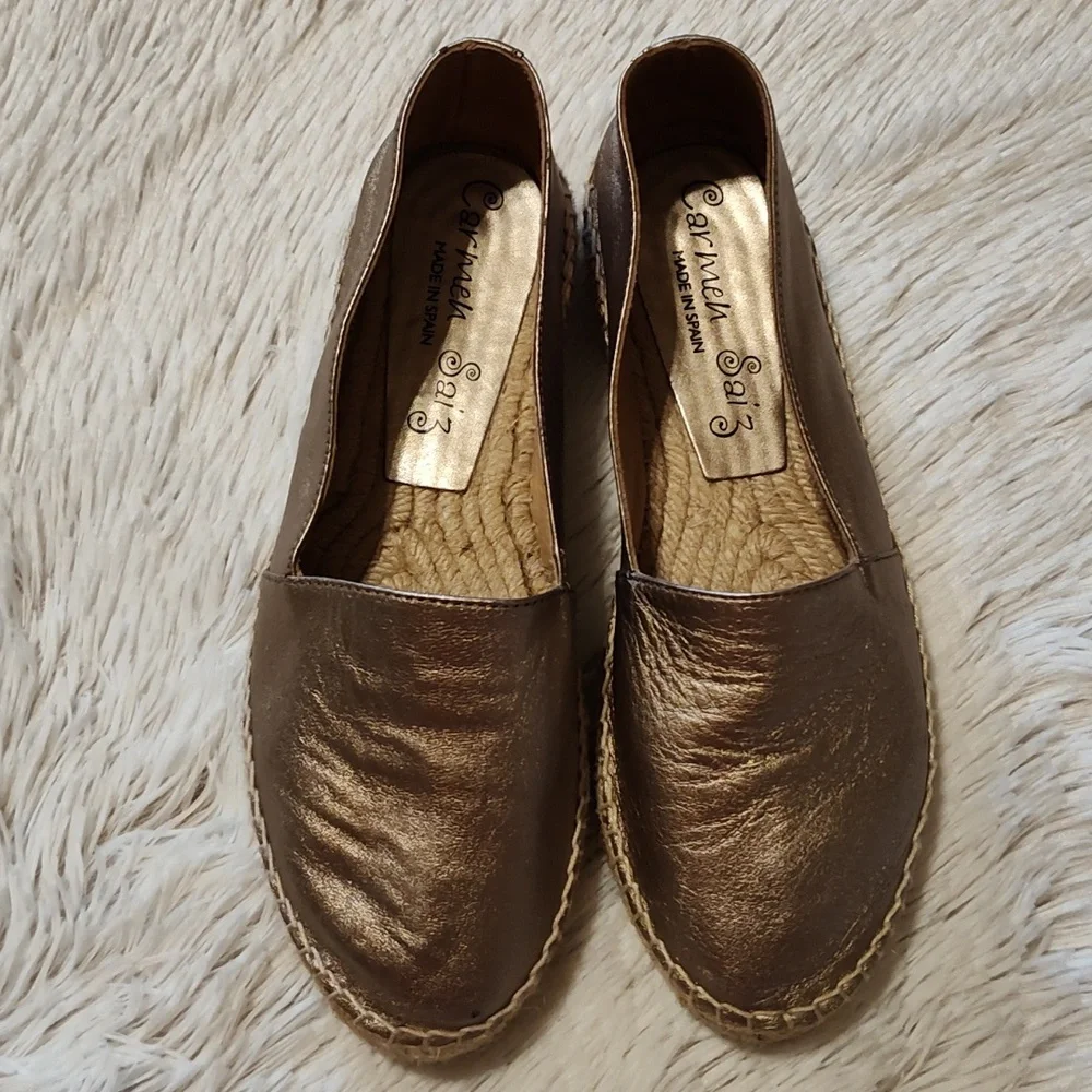 Carmen Saiz Metallic Espadrilles Rose Gold Leather Made In Spain Size 7.5 (EU38)